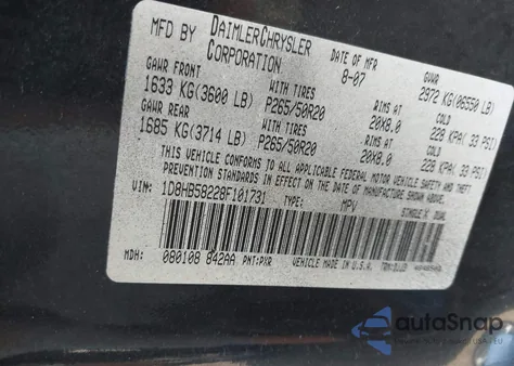 2008 Dodge Durango Limited z USA, uszkodzony, nr VIN 1D8HB58228F101731